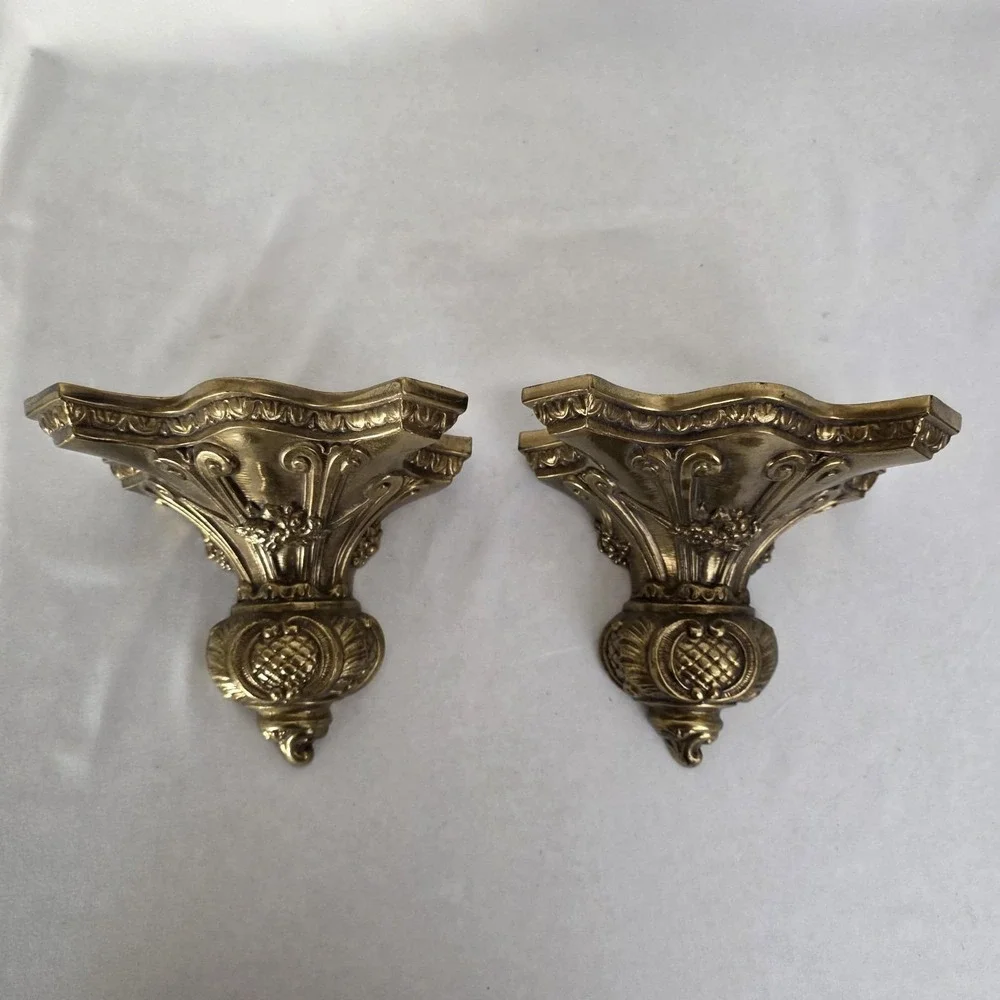 Pair of Vintage Ornate Gilded Brass Wall Sconce Shelves MCM‎ Hollywood Regency